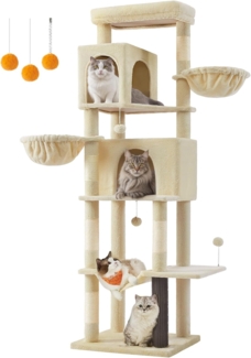 Feandrea Kratzbaum groß, 190,7 cm hoch, XXL, mehrstöckiger Katzenbaum mit 2 Höhlen, 2 Liegemulden, 5 Kratzsäulen, Katzenbürste, große Plattform, sandbeige