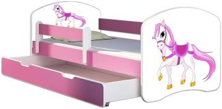 Kinderbett Jugendbett mit einer Schublade und Matratze Rausfallschutz Rosa 70x140 80x160 80x180 ACMA II (43 Kleines Pferd, 80x180 cm mit Bettkasten)