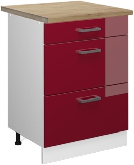 Vicco Küchenunterschrank R-Line, Bordeaux Hochglanz/Weiß, 60 cm mit Schubladen, AP Eiche