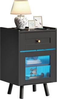 YITAHOME Nachttisch mit 7-Farbiger LED-Lichtleiste, Nachttischschrank mit Schublade und verstellbarem Regal, schwarzer Aufbewahrungs-Beistelltisch für Schlafzimmer, Wohnzimmer, 40 x 35 x 62 cm, Schwarz