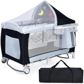 COSTWAY Babybett Reisebett Klappbett Babyreisebett Kinderbett Kinderreisebett Laufstall + Wickelauflage mit Schaukelfunktion schwarz
