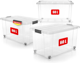 BigDean 4 Stück 60 L Aufbewahrungsbox mit Deckel groß transparent - stapelbare robuste Box - rollbare Stapelbox mit festen Klickverschlüssen - Made in Germany