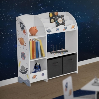 Joyz Spielzeugtruhe Kinderregal Kindermöbel Kinderzimmerregal Spielzeug Spielzimmer Möbel, Weltraum Bücherregal mit 8 Ablagen & 2 Boxen Pressspan / Vlies