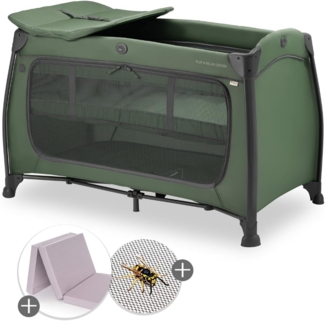 hauck Baby Reisebett Play N Relax Center Set mit Komfort Matratze und Insektenschutz - Babyreisebett mit Neugeborenen Einsatz, Wickelauflage und Tasche (höhenverstellbar & faltbar) - Dark Green