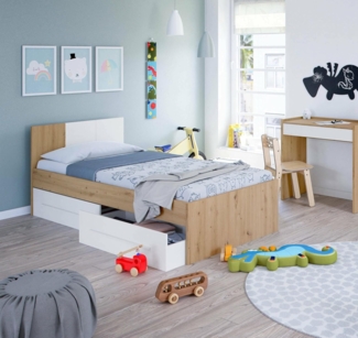 Dmora - Kinderbett Anaheim, Einzelbett mit Stauraum und Kopfteil, Bettrahmen mit 2 Schubladen, 196 x 97 x 77 cm, geknotete Eiche und Weiß