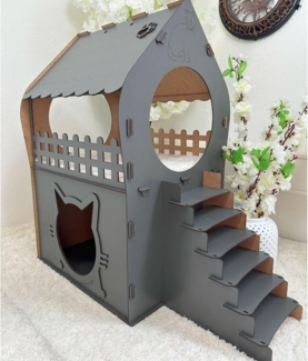 Jungengel Tierhaus Zweistöckiges Katzenhaus aus MDF – Anthrazit – in XL, XXL, 3XL, Werkzeugloser Aufbau, 2 Etagen, Treppe, schlichtes Design