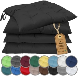NatureMark 4er Set Stuhlkissen mit Bändern Gr. 40x40 cm Sitzkissen gefüllt, Schwarz