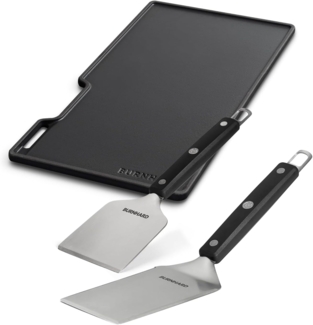 BURNHARD® Grillrost, Gusseisen Wendeplatte + Grillspachtel Set