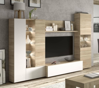 Habitdesign, Moderne Wohnwand 260 cm breit, TV-Möbel in kanadischer Eiche und Weiß Hochglanz, kompaktes Wohnzimmer-Set mit viel Stauraum, Maße: 260 x 185 x 42 cm (B x H x T), Modell Essential