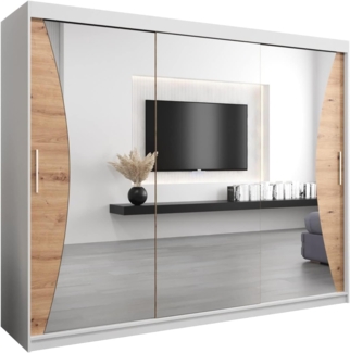 Kryspol Schwebetürenschrank Monaco 250 cm mit Spiegel Kleiderschrank mit Kleiderstange und Einlegeboden Schlafzimmer- Wohnzimmerschrank Schiebetüren Modern Design (Weiß + Artisan Eiche)