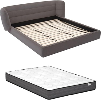 Vente-unique - Bett 180 x 200 cm mit geschwungenem Kopfteil + Matratze - Bouclé-Stoff - Grau - LARUMO von Maison Céphy