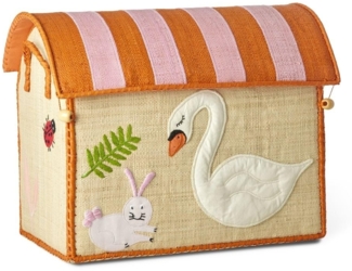 RICE Aufbewahrungskorb Wildlife klein | Handgefertigter Raffia-Korb mit Tiermotiven, orange-rosa Klappdeckel & Griffen | Spielzeugkorb Kinderzimmer 35 x 23 x 30 cm