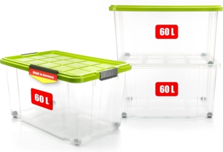 BigDean 3 Stück 60 L Aufbewahrungsbox mit Deckel groß limegrün - stapelbare robuste Box - rollbare Stapelbox mit festen Klickverschlüssen - Made in Germany