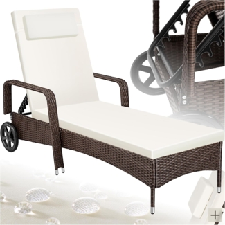 tectake Poly Rattan Gartenliege mit Rollen, 6-Fach höhenverstellbarer Liegestuhl, bis 120kg belastbar, Sonnenliege Rattan (wetterfest), Liege inkl. Polster und Kissen - braun gemischt
