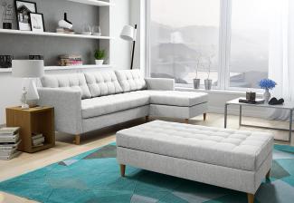 FURNIX Ecksofa NORGEN II Eckcouch mit Bettfunktion - Edle Wohnzimmersofa mit Hocker, Federkern, Holzfüßen - L-Form Sofa Links/rechts, B 220 x T 154 x H 86 cm, Bettfunktion SW 84 (hell grau)