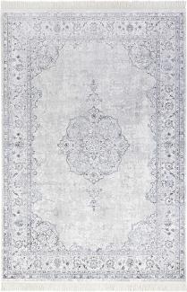 Orientalischer Samt-Teppich Fransen Oriental Vintage Medallion Pastell-Blau - 195x300x0,5cm