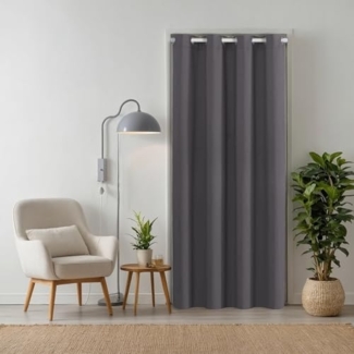 tinycurtains Türvorhang mit Stange weiß 55-90 cm ohne Bohren, Thermo Vorhang Tür, Ösen, abdunkelnd, Polyester, blickdicht, Anthrazit Nebula, Türgardine mit Klemmstange verdunkelnd