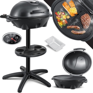 KESSER® elektrischer Elektrogrill 2in1 Tischgrill - Standgrill mit Deckel Standfuß | max. 2400 Watt Thermometer | Antihaftbeschichtung | XXL Grillplatte | integrierte Ablagefläche Elektro-Säulengrill Schwarz