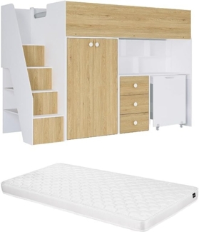 Vente-unique - Hochbett mit Kleiderschrank & Schreibtisch + Matratze - 90 x 190 cm - Weiß & Holzfarben - LANILATO