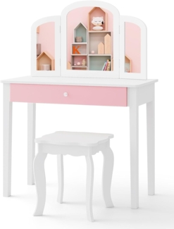 COSTWAY Kinder 2in1 Schminktisch Set mit dreifach klappbarem Spiegel, Schublade & Hocker, Holz weiß, 34 x 70 x 95,5 cm