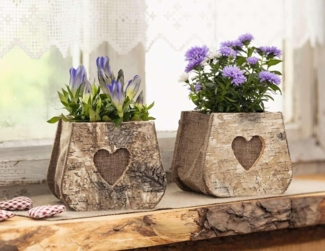 2x Pflanztasche "Herz" aus Birke & Stoff, Pflanzgefäße, Blumentopf aus Holz, Pflanztopf Set