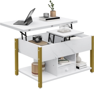 YITAHOME Couchtisch mit Höhenverstellbarer, 4-in-1-Multifunktions-Couchtisch mit Stauraum, Couchtisch lässt Sich in einen Esstisch für das Wohnzimmer umwandeln, Weißer Marmor