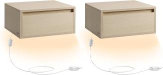 Vasagle 2er-Set Nachttisch mit Schublade, Leuchte mit 3 Farben, Holz, 35 x 40 x 18 cm, Naturbeige