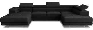 Wohnlandschaft Caris U mit Schlaffunktion, einstellbare Kopfstützen und zwei Bettkästen (Schwarz (Kronos 07), Ecksofa Links)