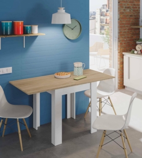 Dmora - Ausziehbarer Newark-Tisch, klappbarer Essregal mit Buchöffnung, klappbarer Beistelltisch, 67x67/135x79 cm, Weiß und Eiche