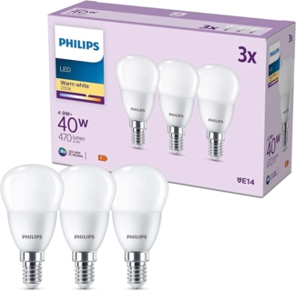 Philips LED Tropfenlampe ersetzt 40W, E14, warmweißes Licht (2700 Kelvin), 470 Lumen, matt, 3er Pack
