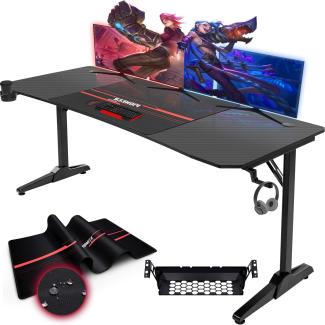 Devoko Gaiming Tisch 180cm Gaming Schreibtisch Gamer Computertisch Ergonomischer PC Tisch mit Kabelaufbewahrungsbox, Getränkehalter und Kopfhörerhalter T-förmiger (Schwarz, 180 x 70 x 75 cm)