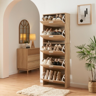 Schuhschrank Sykkylven 169 x 60 x 24 cm mit 5 Klappen Sonoma-Eiche [en. casa]