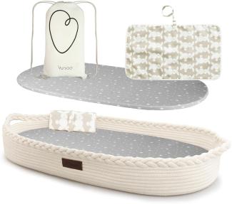 Yunioo Deluxe Baby Wickelkorb, Wickelauflage XL, mit extra Reise Windelauflage, Schaumstoff Wickelunterlage und wasserabweisender Abdeckung, Baumwollseil Babykorb, Wickeltischauflage für Kommode