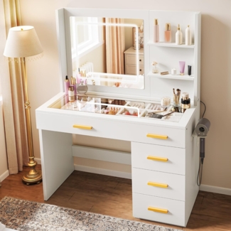 YITAHOME Schminktisch mit Beleuchtung, Dressing Table mit Spiegel Schminktische mit Hocker Farben mit Einstellbarer Helligkeit, Frisiertisch mit 5 Schubladen Offenen Fächern Vanity Table weiß