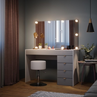 Schminktisch Elise Weiß/Grau/Grau 115 cm mit LED Beleuchtung und Hocker Vicco