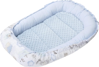 Medi Partners Babynest Kuschelnest Babynestchen 100% Baumwolle Nestchen Reisebett für Babys Säuglinge 100 x 60 x 15 cm herausnehmbarer Einsatz (Hirsch und Igel mit Hellblau Minky)