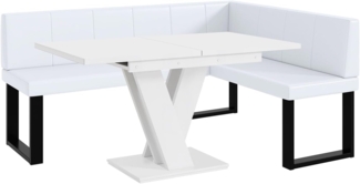 MEBLINI Eckbank für Esszimmer mit ausziehbarem Tisch - Küchenbank - Essecke - Sitzecke Küche - PETER - U-Beine 128x168x87cm Rechts - Weiß Kunstleder/M Weiß Matt