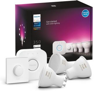 Philips Hue White & Color Ambiance GU10 3er Starter Set, inkl. Smart Button und Bridge, 3x350lm, dimmbar, 16 Mio. Farben, steuerbar via App, kompatibel mit Amazon Alexa (Echo, Echo Dot)