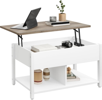 YITAHOME Couchtisch mit Anhebbarer Platte, Leicht Anzuheben, 2-Stufiger Stauraum, Höhenverstellbarer Couchtisch mit Verstecktem Staufach und Ablagefläche für Wohnzimmer, Büro, Weiß&Grau