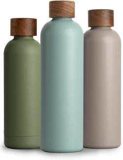 T&N Edelstahl Trinkflasche 1 Liter, Thermosflasche 1l mit Akazienholz Deckel, Isolierte Wasserflasche auslaufsicher bei Kohlensäure, Isolierflasche 1000ml - Aqua Turquoise