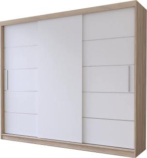 Fabryka Mebli Idźczak Schwebetürenschrank Alba 250, Schiebetürenschrank, Kleiderschrank mit Kleiderstange und Einlegeboden, Schlafzimmerschrank, Schiebetüren, Modern Design (Sonoma/Weiß)