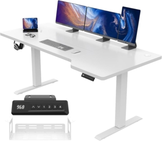 JUMMICO HöHenverstellbarer Schreibtisch Weiß 160x75 cm L-förmiger Schreibtisch Höhenverstellbar Elektrisch mit Memory-Steuerung,Ergonomie Gaming Tisch mit Becherhalter, Haken (Weiß)