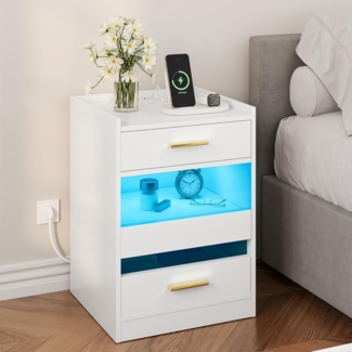 YITAHOME Nachttisch, Beistelltisch mit LED-Lichtern und Ladestation, Nachttischschrank Nachttisch mit Aufbewahrungsschubladen für Wohnzimmer Schlafzimmer, 40 x 40 x 60 cm, Weiß