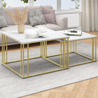 YITAHOME Moderner Couchtisch 2er-Set für Wohnzimmer, weißgraue runde Couchtische aus Holz, Cocktailtische, Beistelltisch mit Stabiler goldfarbener Metallrahmen