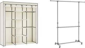 SONGMICS Kleiderschrank, Faltschrank, Stoffschrank, 175 x 150 x 45 cm, Beige RYG12M & Kleiderständer höhenverstellbar, Garderobenständer, (101-166) x 49 x (113-198) cm, Silber-graugrün