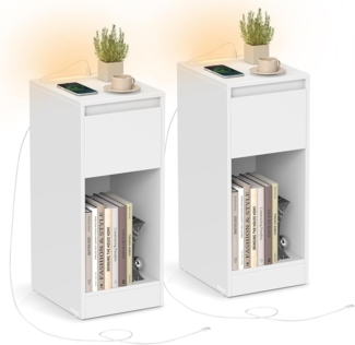 VASAGLE Nachttisch 2er Set, schmal, Beistelltisch, LED-Beleuchtung, 1 USB-A-Anschluss, 1 USB-C-Anschluss, Schublade, offenes Fach, für Schlafzimmer, Wohnzimmer, wolkenweiß LETDE710W01