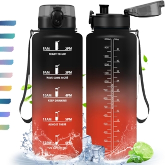 HoneyHolly Trinkflasche, 1,5L, Trinkflasche Sport, Trinkflaschen mit Zeitmarkierung, mit Filter, Auslaufsichere Wasserflasche, BPA-Frei, Wasserflasche für Sport, Fitness, Yoga, Schule, Büro