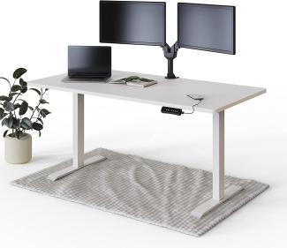 DESQUP® PRO Elektrisch höhenverstellbarer Schreibtisch | +160x80 cm Weiße Tischplatte | Ergonomischer Stehpult mit Memory Funktion & Kollisionschutz | Weißes elektrisches Gestell mit Ladebuchse