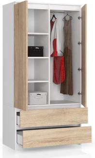 BDW Kleiderschrank 2 Türen, 4 Einlegeböden, Kleiderbügel, 2 Schubladen Kleiderschrank für das Schlafzimmer Wohnzimmer Diele 180 x 90 x 51 cm (Weiß/Eiche Sonoma)