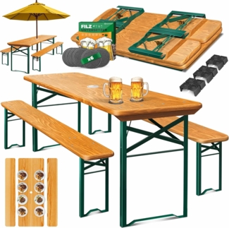 KESSER® Bierzeltgarnitur, 3-teilig, Klappbar, Holz / Stahl grün, Hellbraun, 170 x 46 x 75 cm